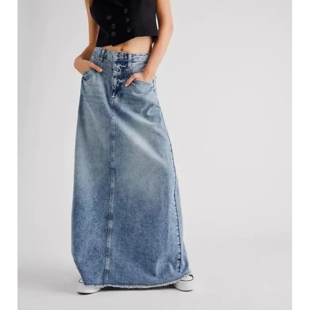We The Free People Come As You Are Denim Jean Maxi Skirt Blue Frayed Boho 6 - Picture 14 of 16